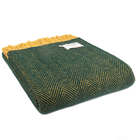 Pure New Wool Throw - Emerald Green and Mustard Herringbone